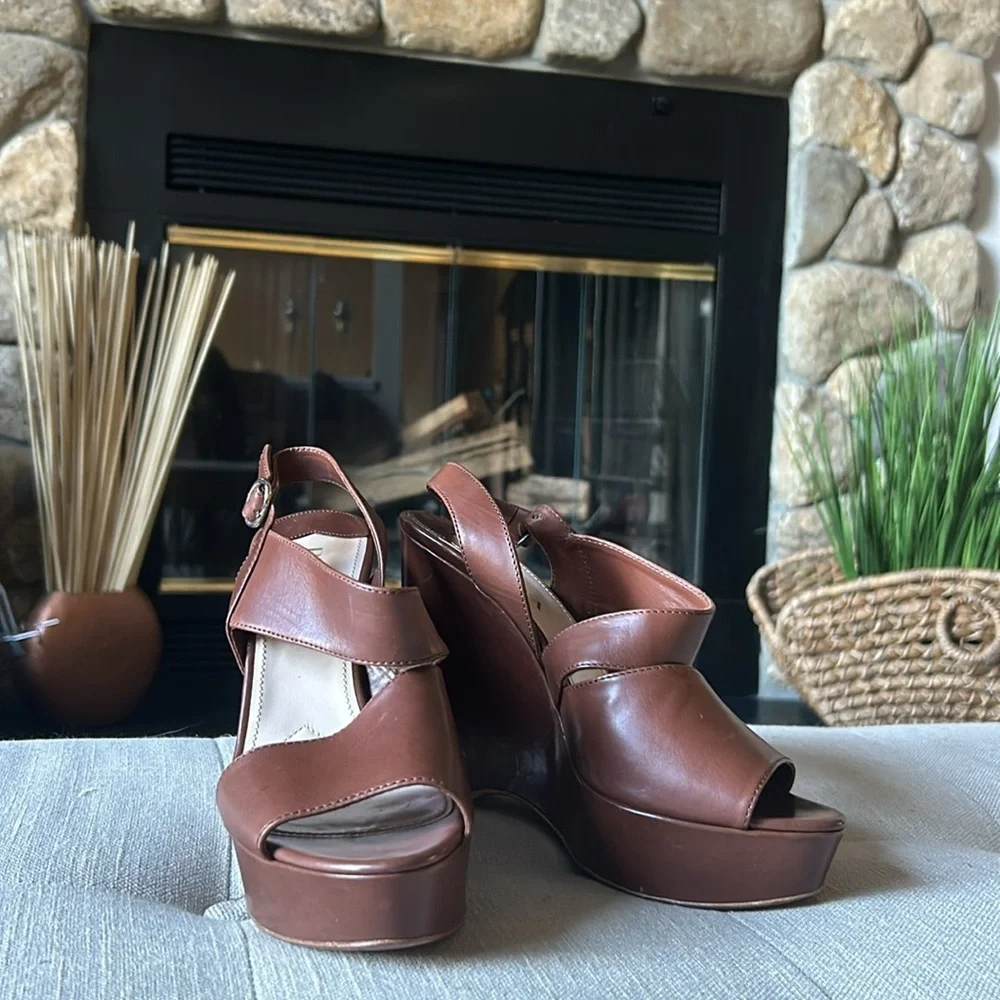 Prada Asymmetric Calfskin Wedge Sandal, Brown